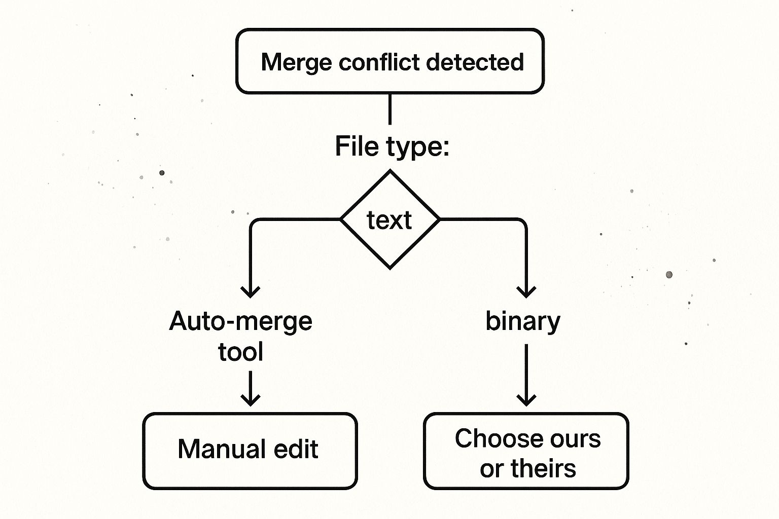 A decision tree infographic showing the process to resolve git merge conflicts, starting with 'Merge conflict detected' and branching to 'Text file' or 'Binary file'.