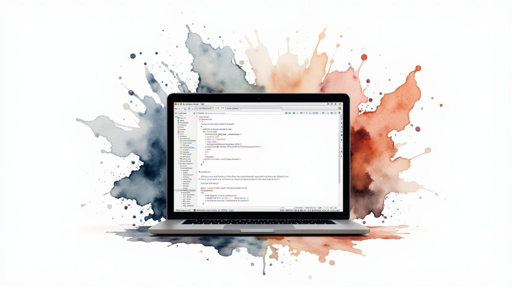 A complex, messy tangle of threads in various colors, with a pair of hands carefully working to unsnarl them, symbolizing the process of resolving complicated Git merge conflicts.