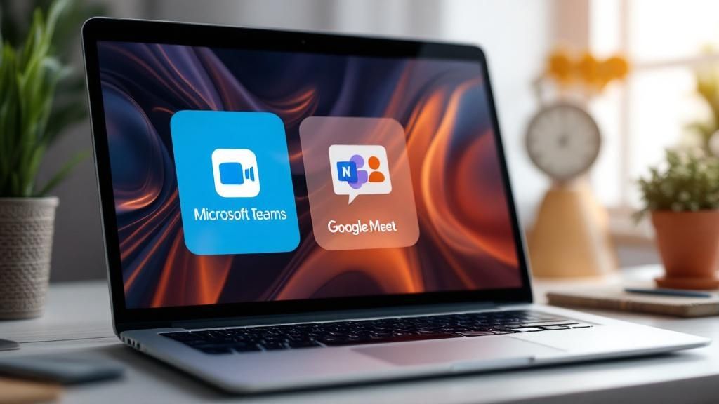 A person reviewing a document with a gavel and a laptop showing a video call in the background.