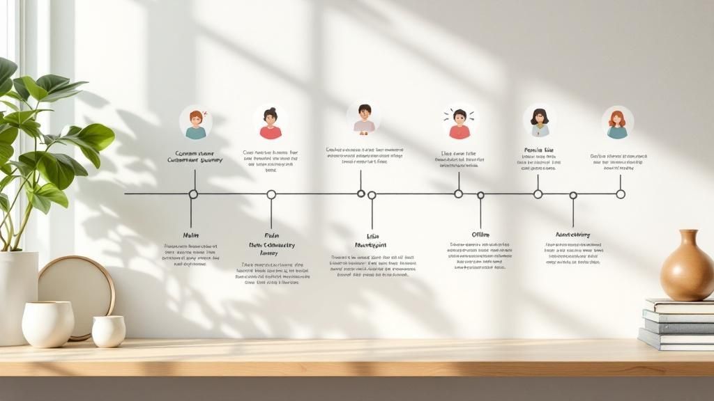 A customer journey map visualizing a customer's experience across multiple stages, including awareness, consideration, purchase, and loyalty.