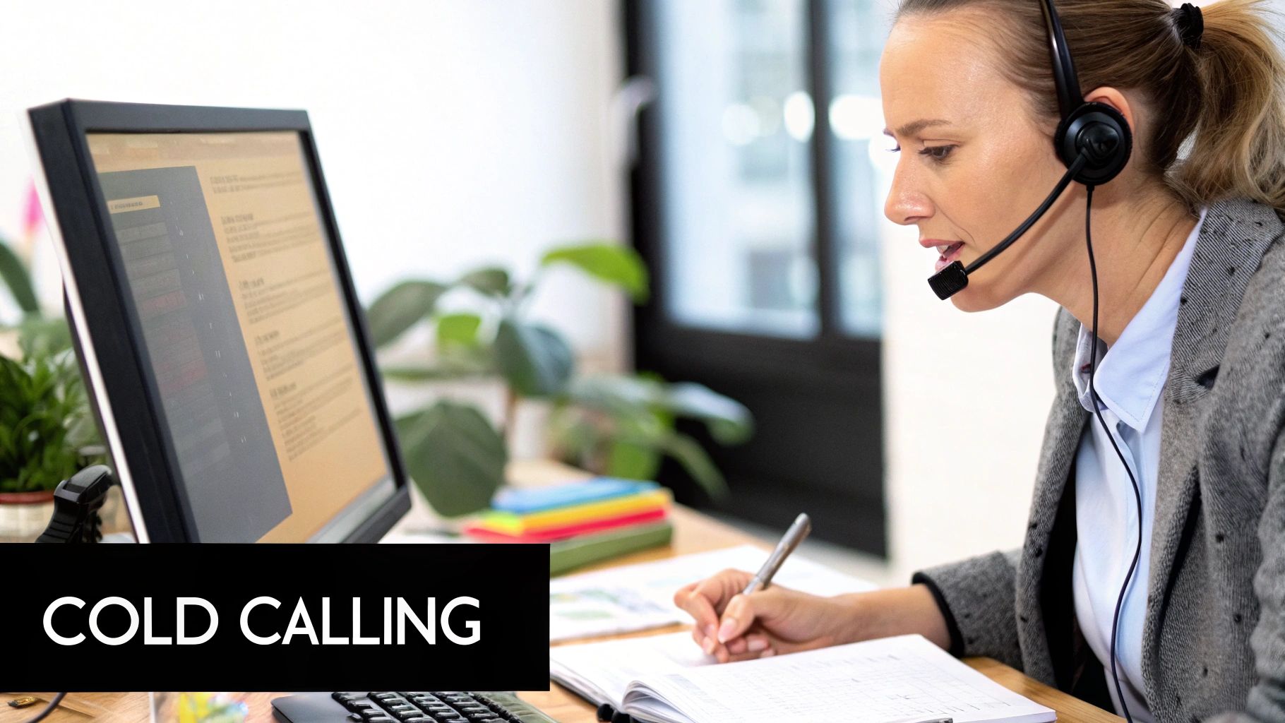 A sales professional on a cold call in a modern office environment