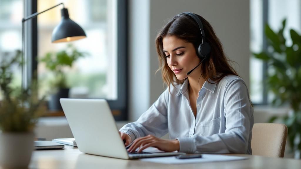 A support agent using modern technology to communicate with a customer, showing a personalized video on a laptop.