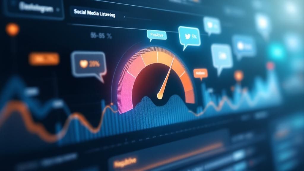 Social media listening dashboard showing sentiment analysis and keyword clouds.