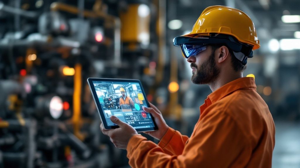 Technician using a tablet for remote visual support on machinery