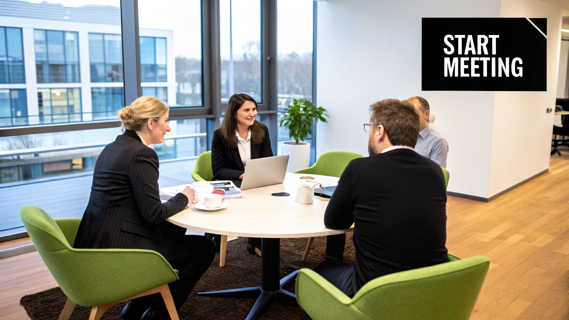 A diverse team collaborates effectively in a meeting, representing the structured nature of a round robin meeting