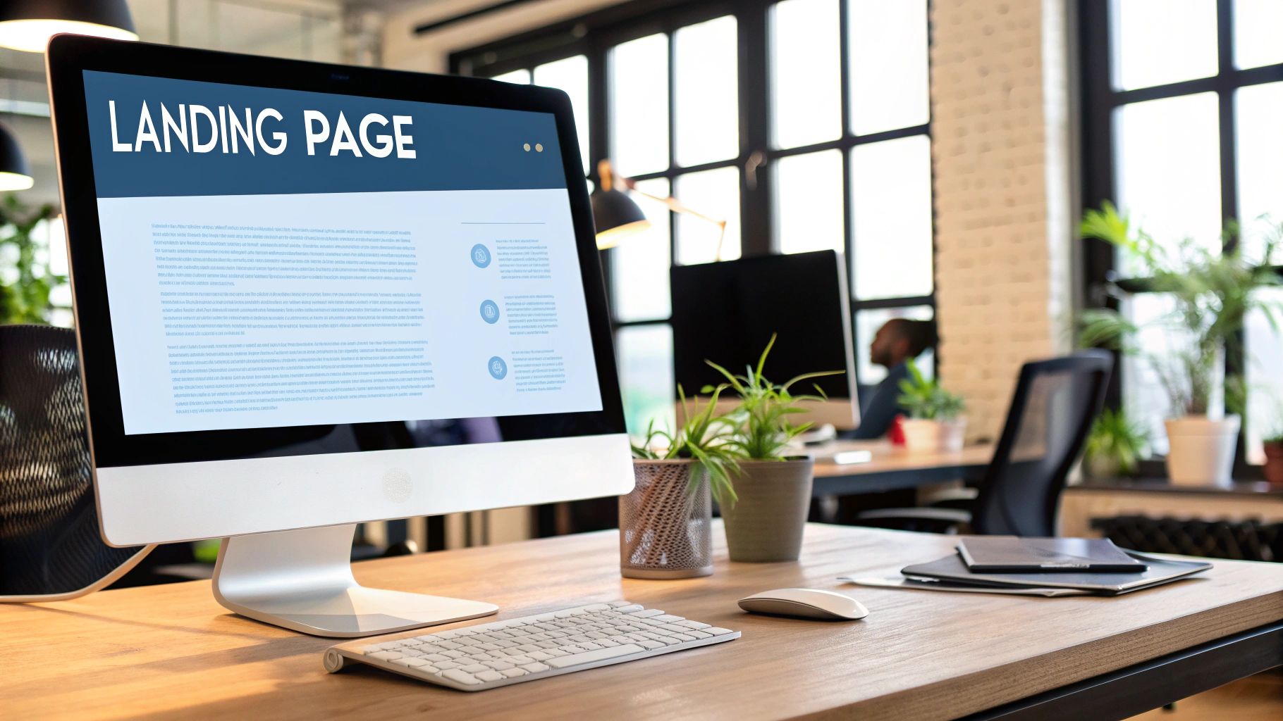 An illustration showing elements of landing page optimization like headlines, CTAs, and forms being adjusted for better performance