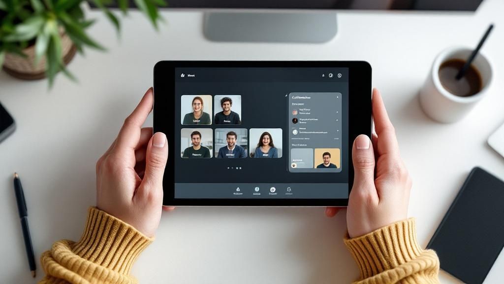 A person sitting at a desk with multiple screens showing different communication software, symbolizing the challenge of choosing the right tools.