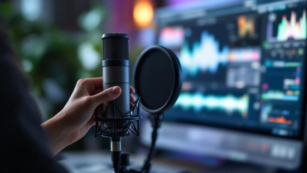 Person speaking into a microphone while recording