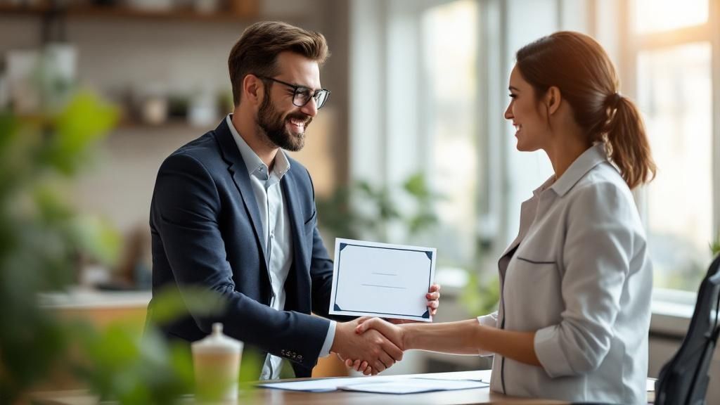 People collaborating and laughing in a casual office setting, representing successful team building.