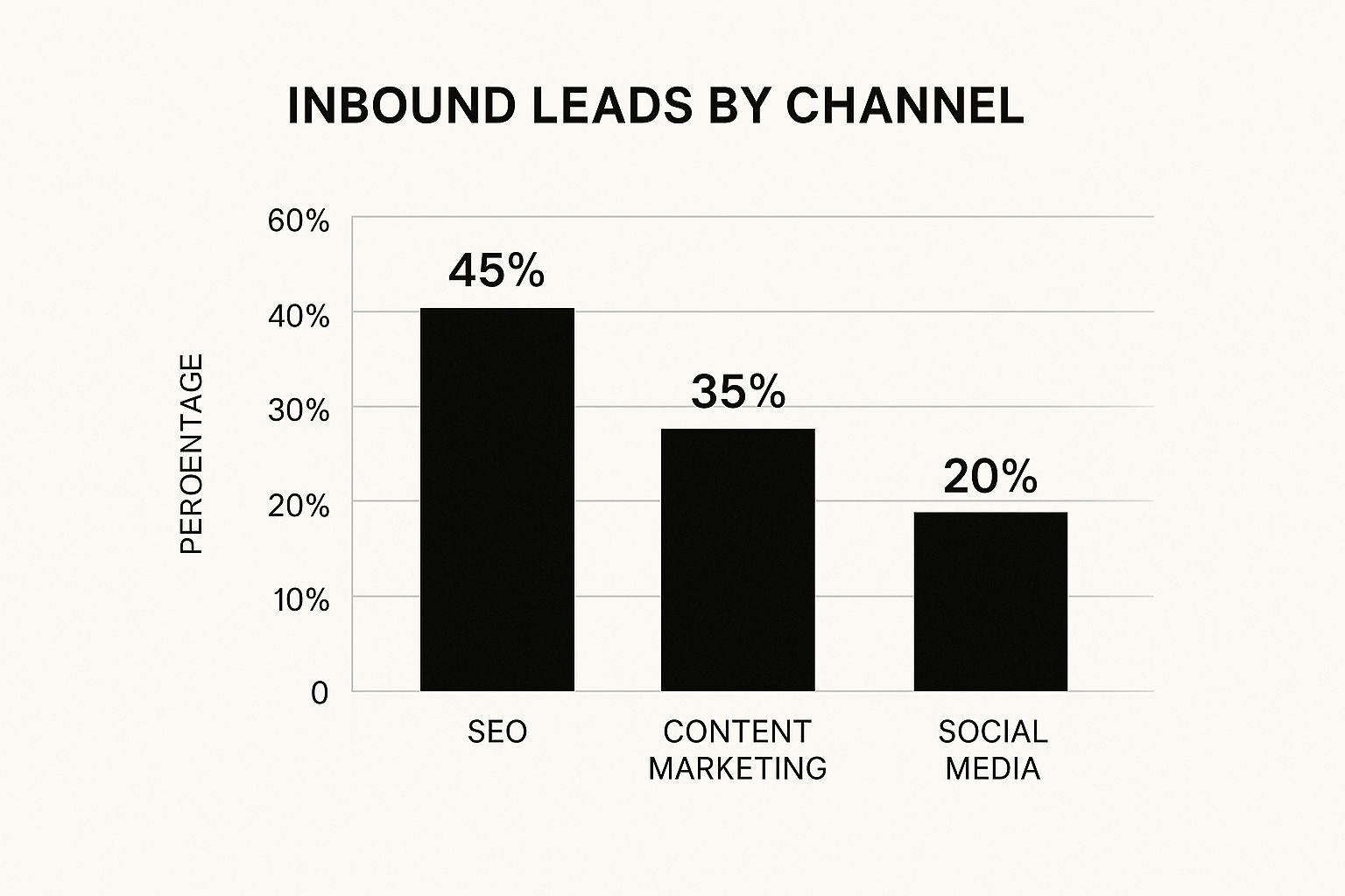 Infographic showing the percentage of inbound leads by channel: SEO at 45%, Content Marketing at 35%, and Social Media at 20%