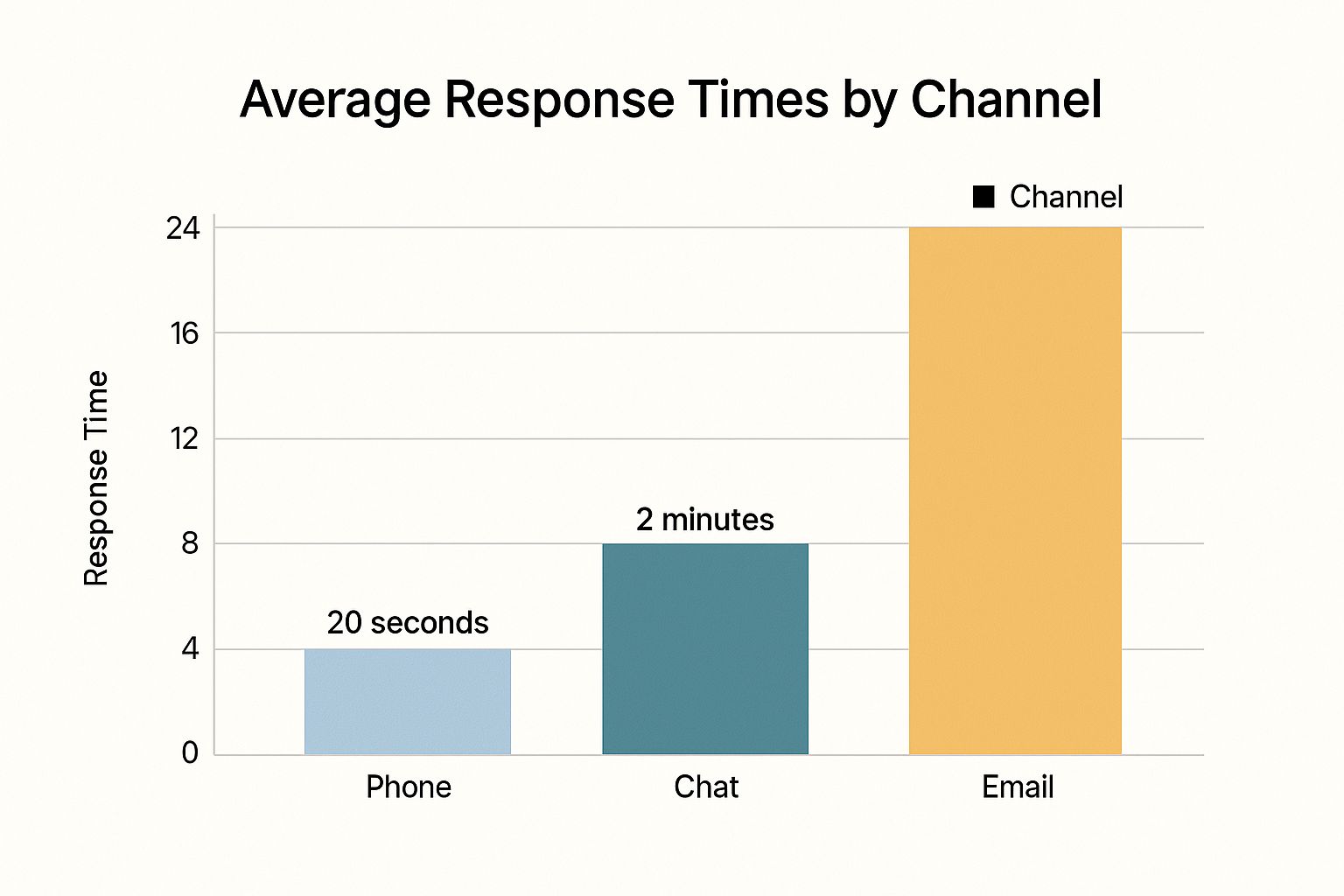 A bar chart comparing average customer support response times by channel: Phone at 20 seconds, Chat at 2 minutes, and Email at 24 hours.