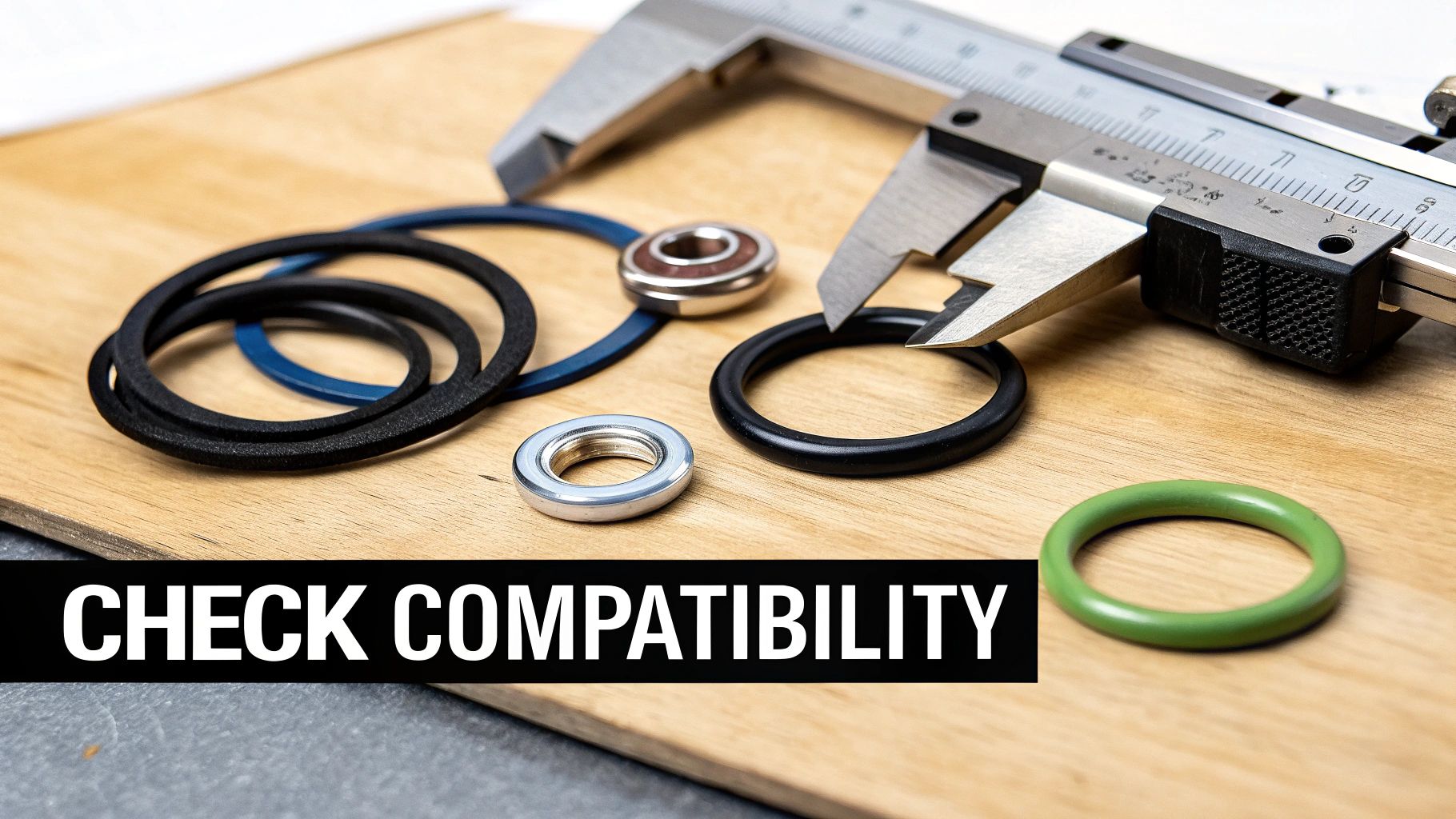 A caliper measures a black O-ring next to various seals and parts on a wooden workbench.