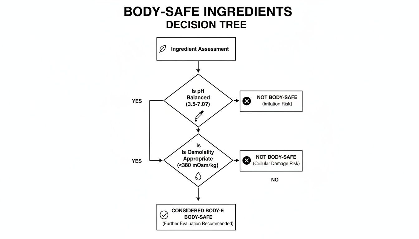 Flowchart detailing the assessment of body-safe ingredients based on pH and osmolality levels.