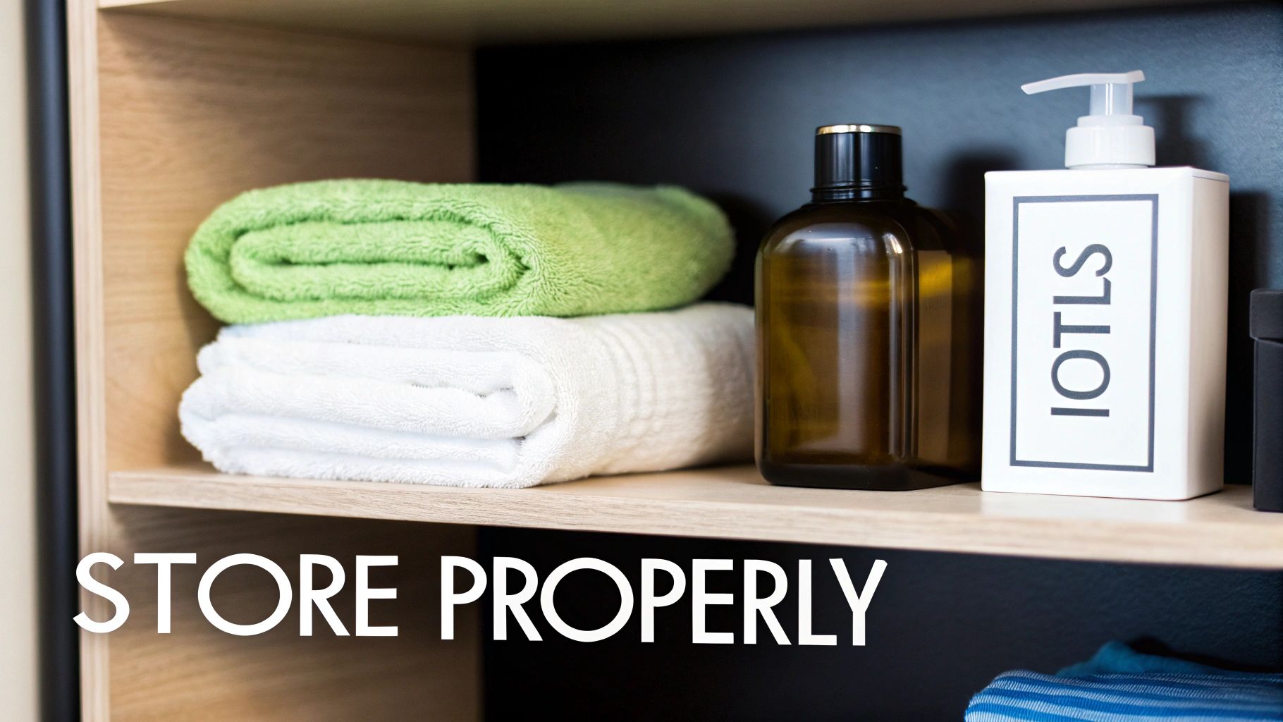 A clean, organized wooden shelf displays folded green and white towels next to bath bottles.