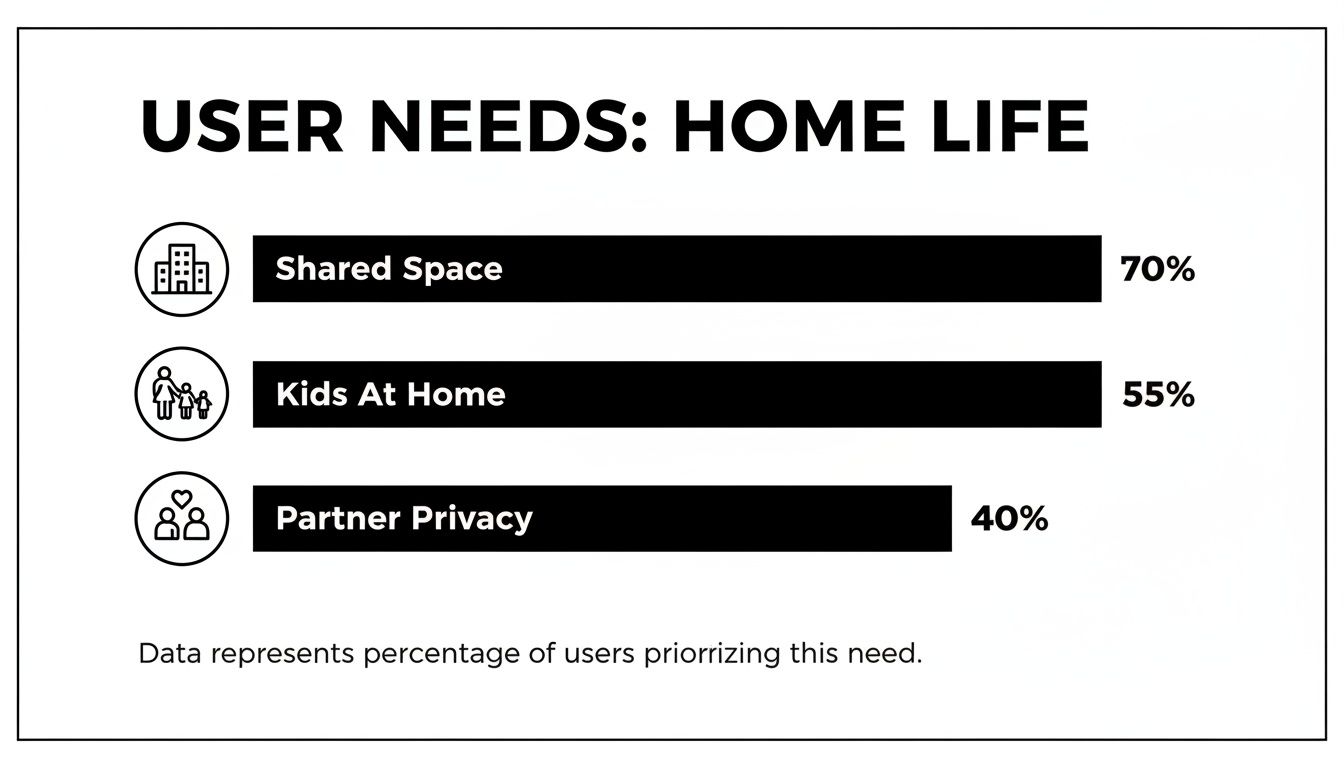 Bar chart displaying user needs for home life: shared space (70%), kids at home (55%), and partner privacy (40%).