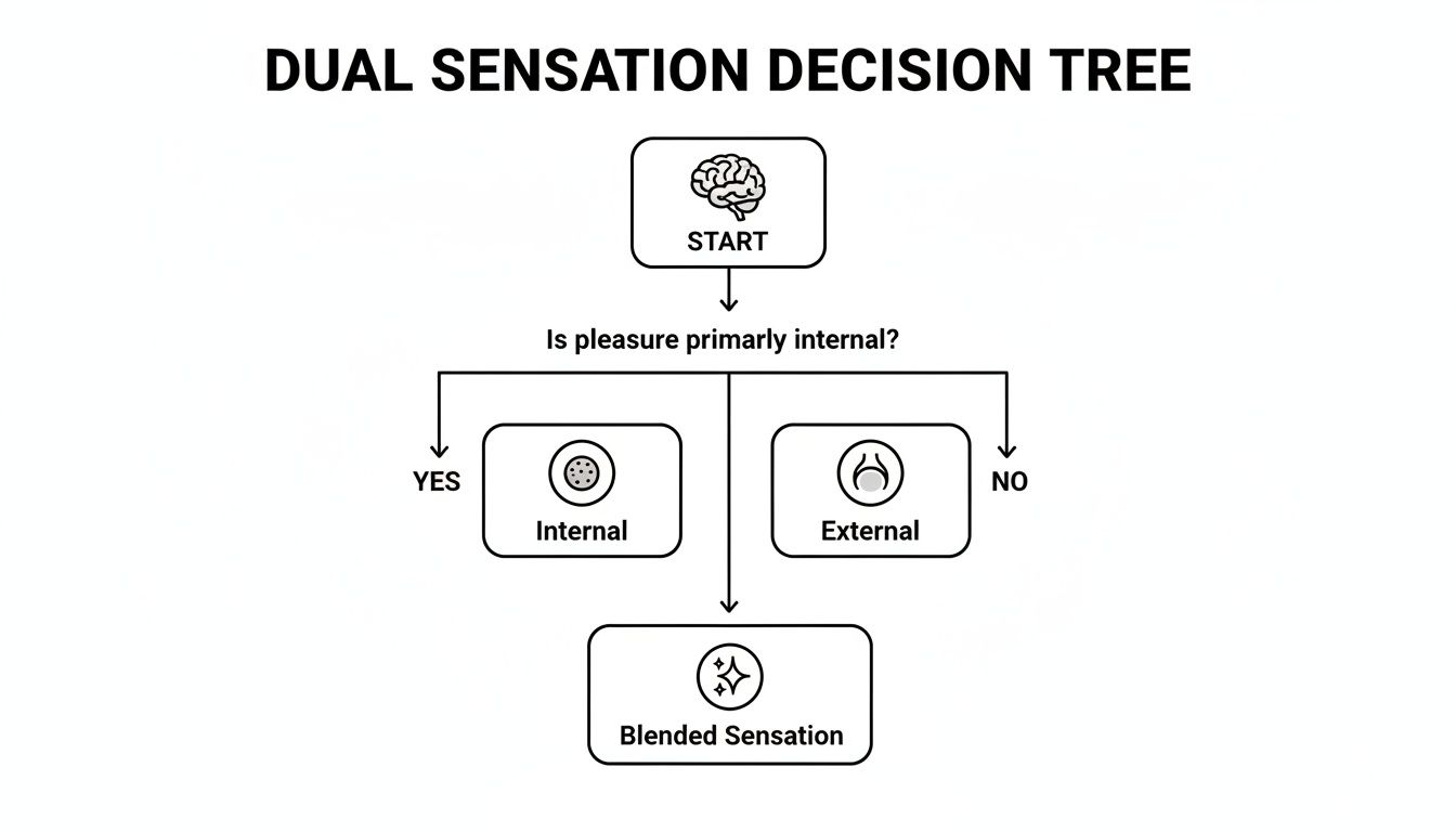 A dual sensation decision tree flowchart depicting pleasure as primarily internal or external, leading to a blended sensation.