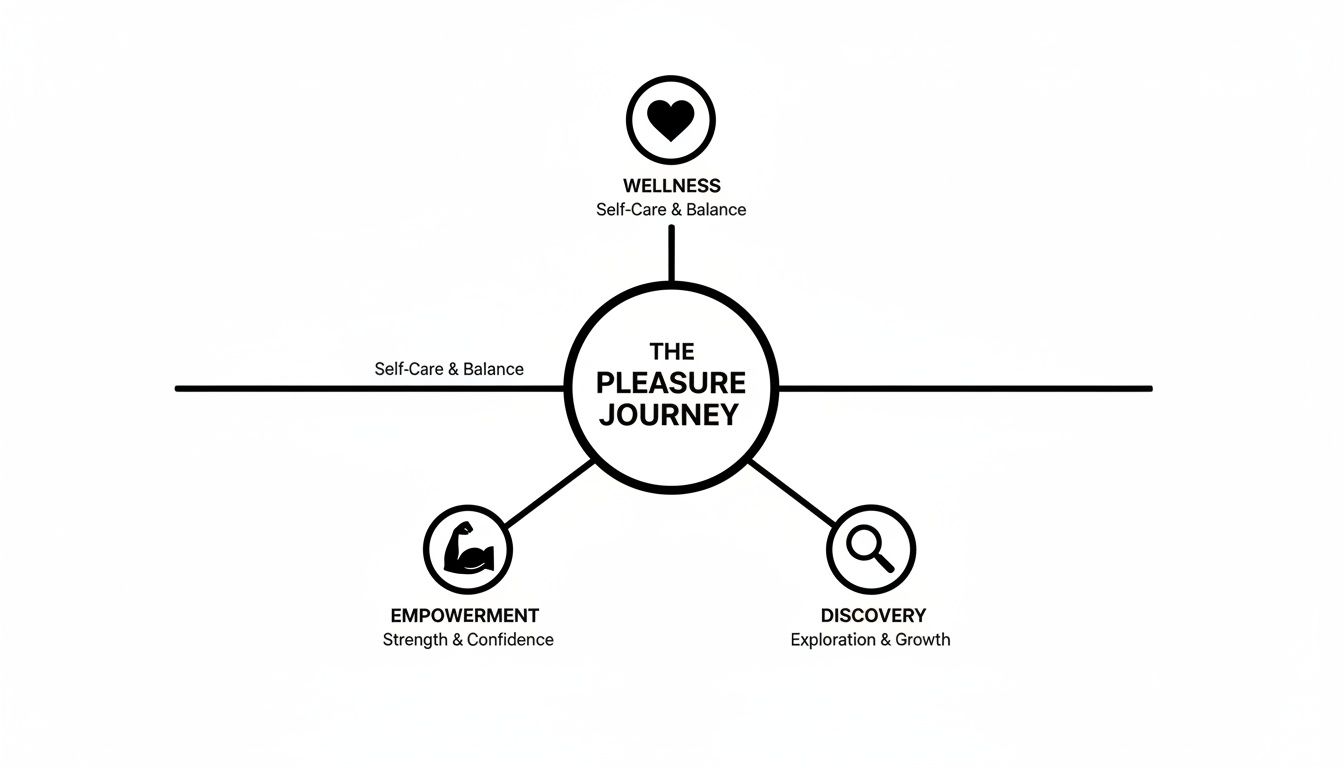 A concept map showing 'The Pleasure Journey' with Wellness, Empowerment, and Discovery as key elements.
