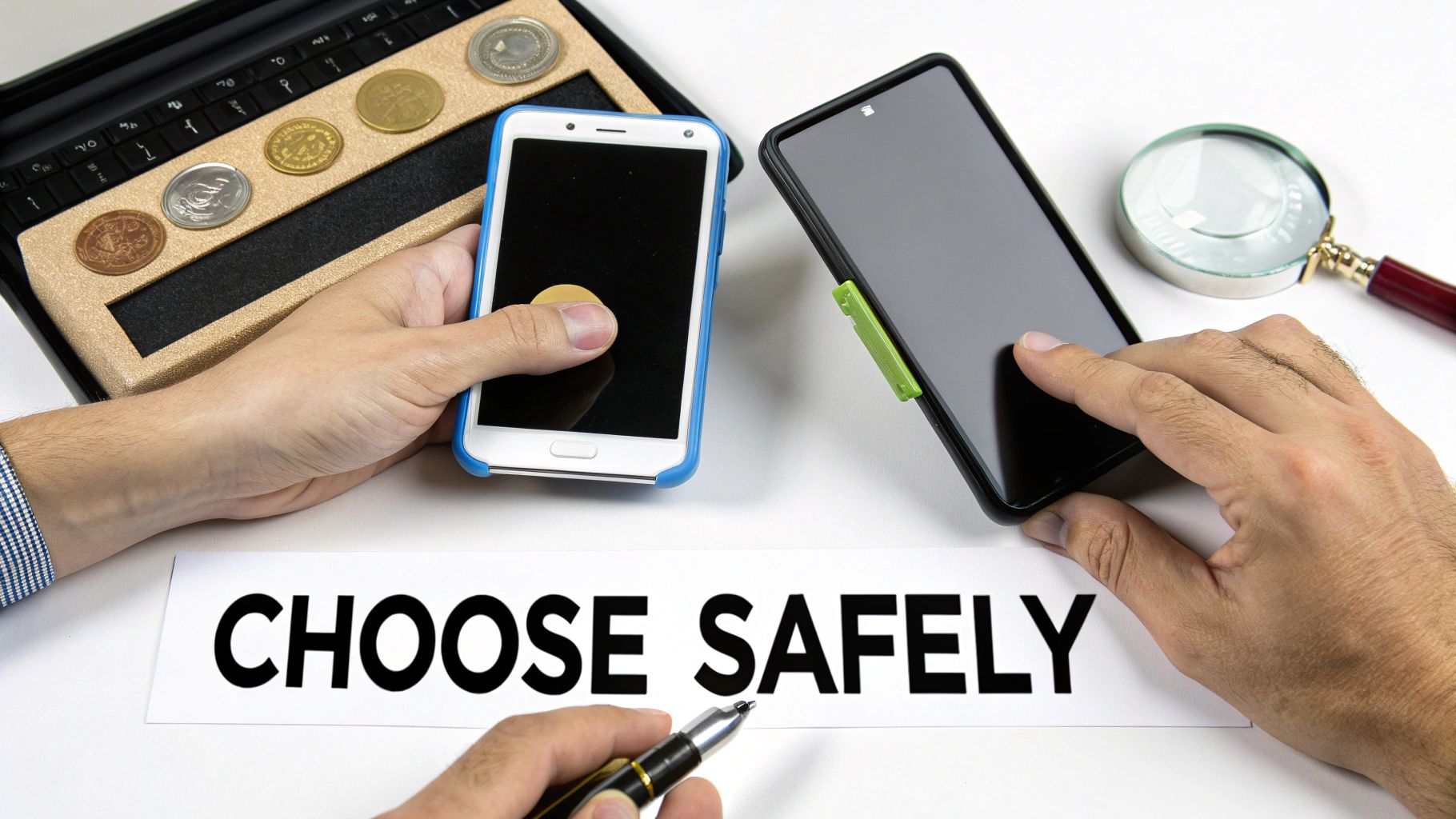 Hands holding smartphones, a laptop with coins, and a pen writing 'CHOOSE SAFELY' text.