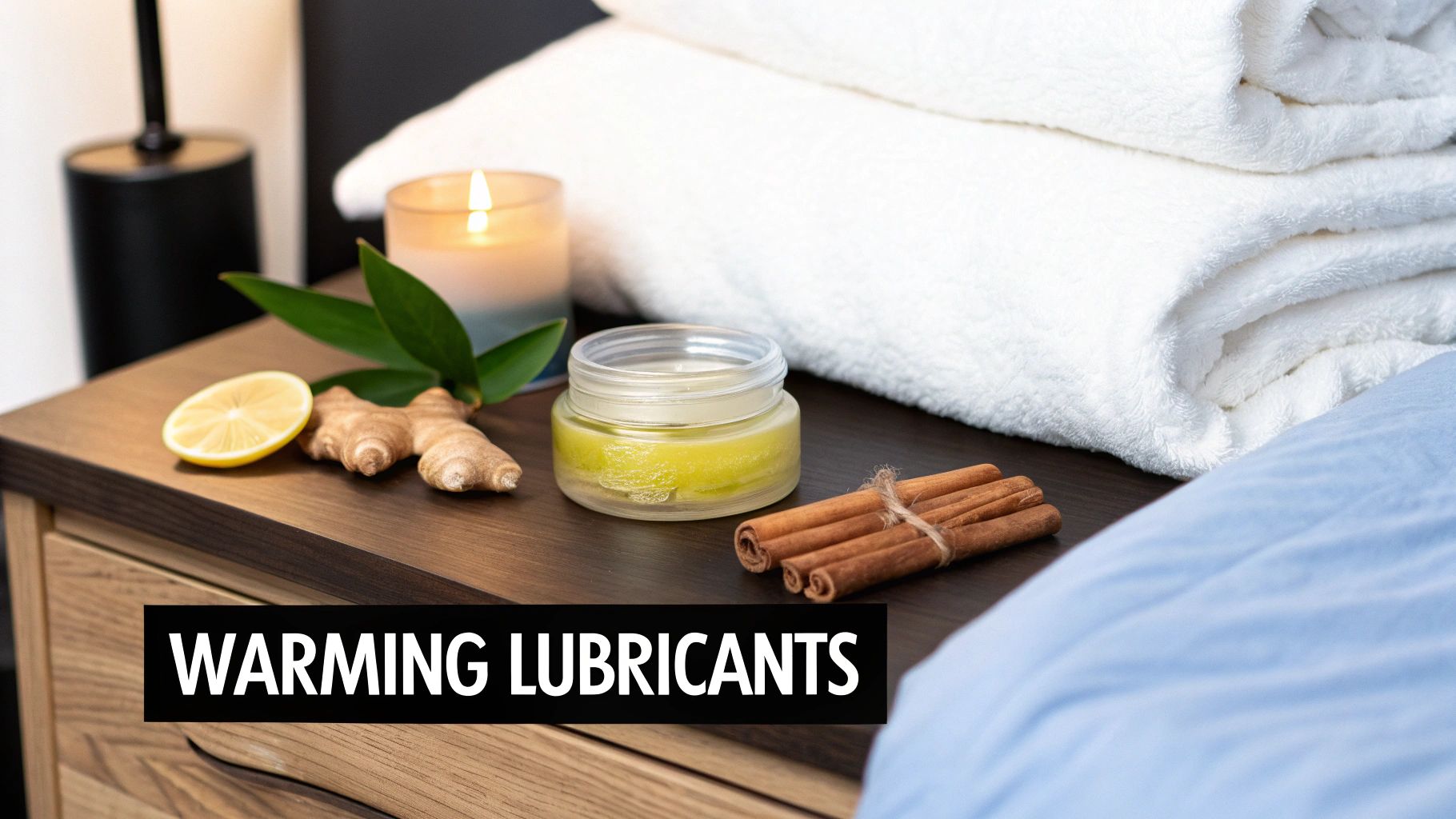 A cozy bedside setup with a lit candle, ginger, lemon, cinnamon, and a jar of warming balm.