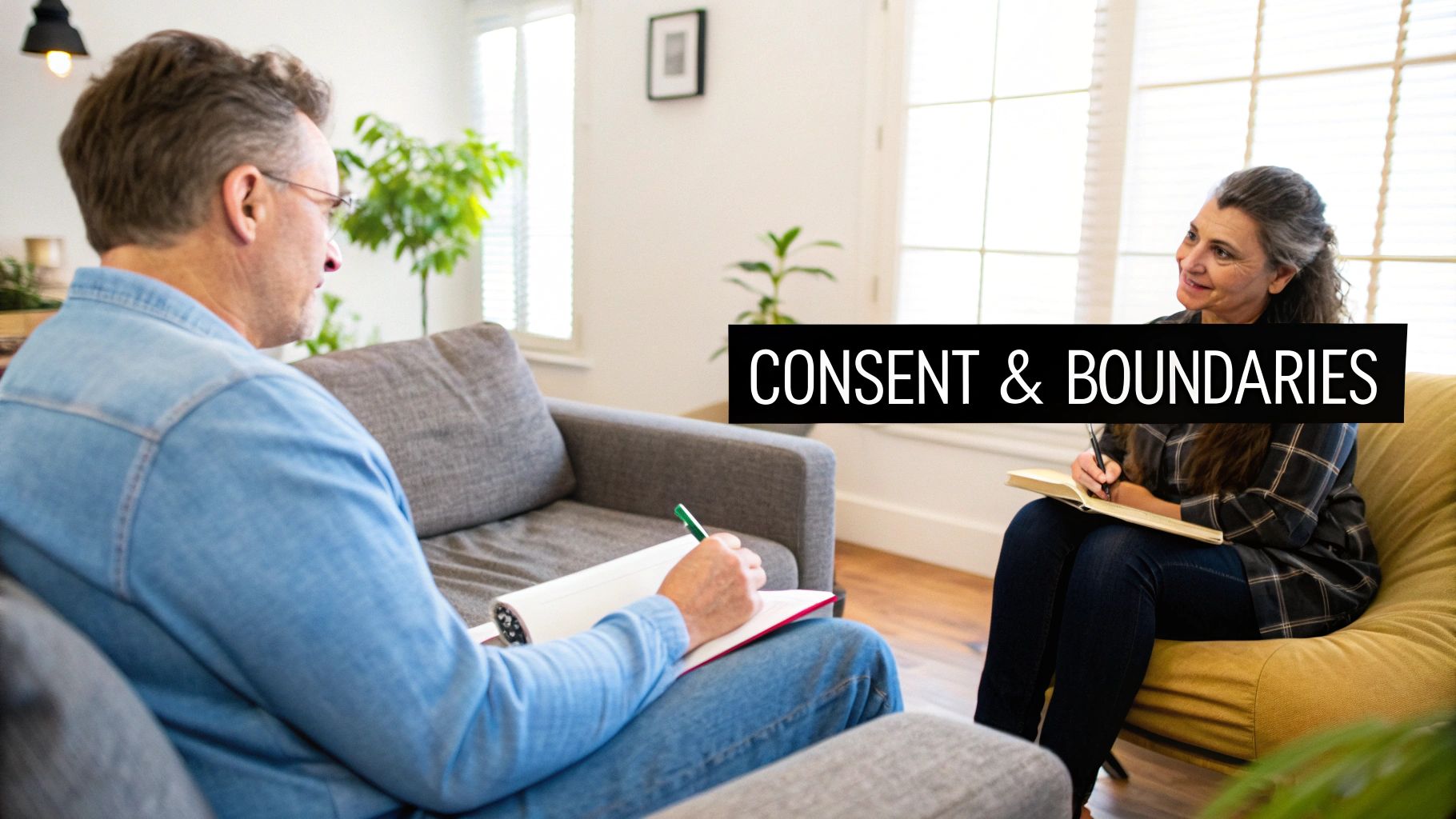 Two people discussing consent and boundaries, one writing notes in a therapy session.