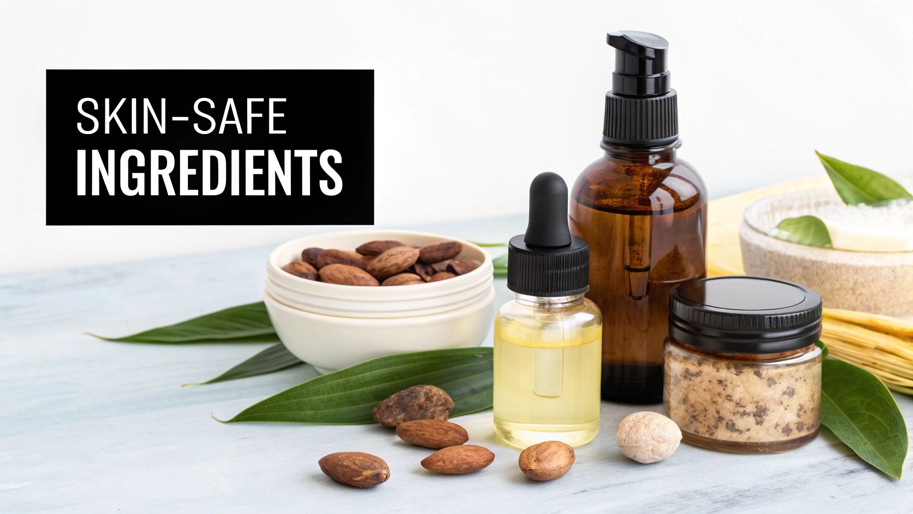 A collection of skin-safe ingredients and natural beauty products, including oils, scrubs, and nuts on a light surface.