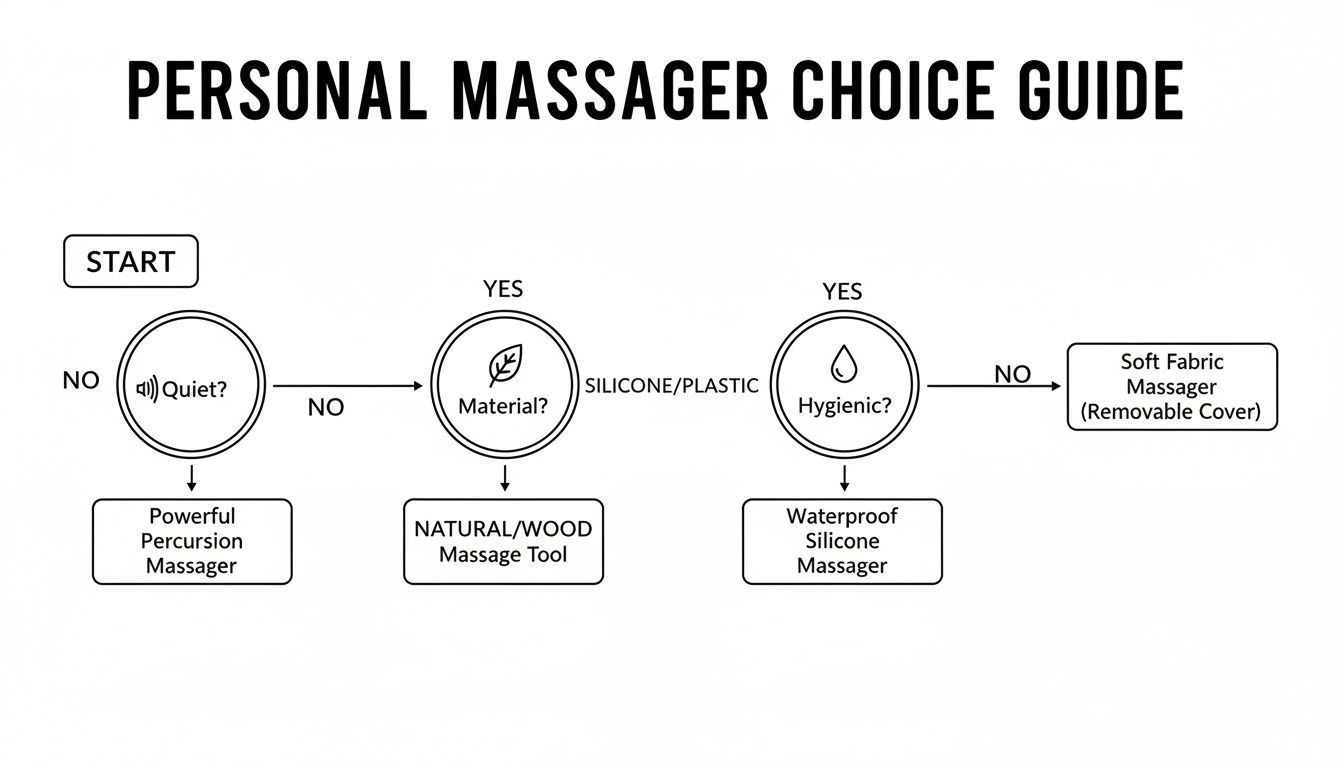 A flowchart titled 'Personal Massager Choice Guide' helps users select a massager based on quietness, material, and hygiene.