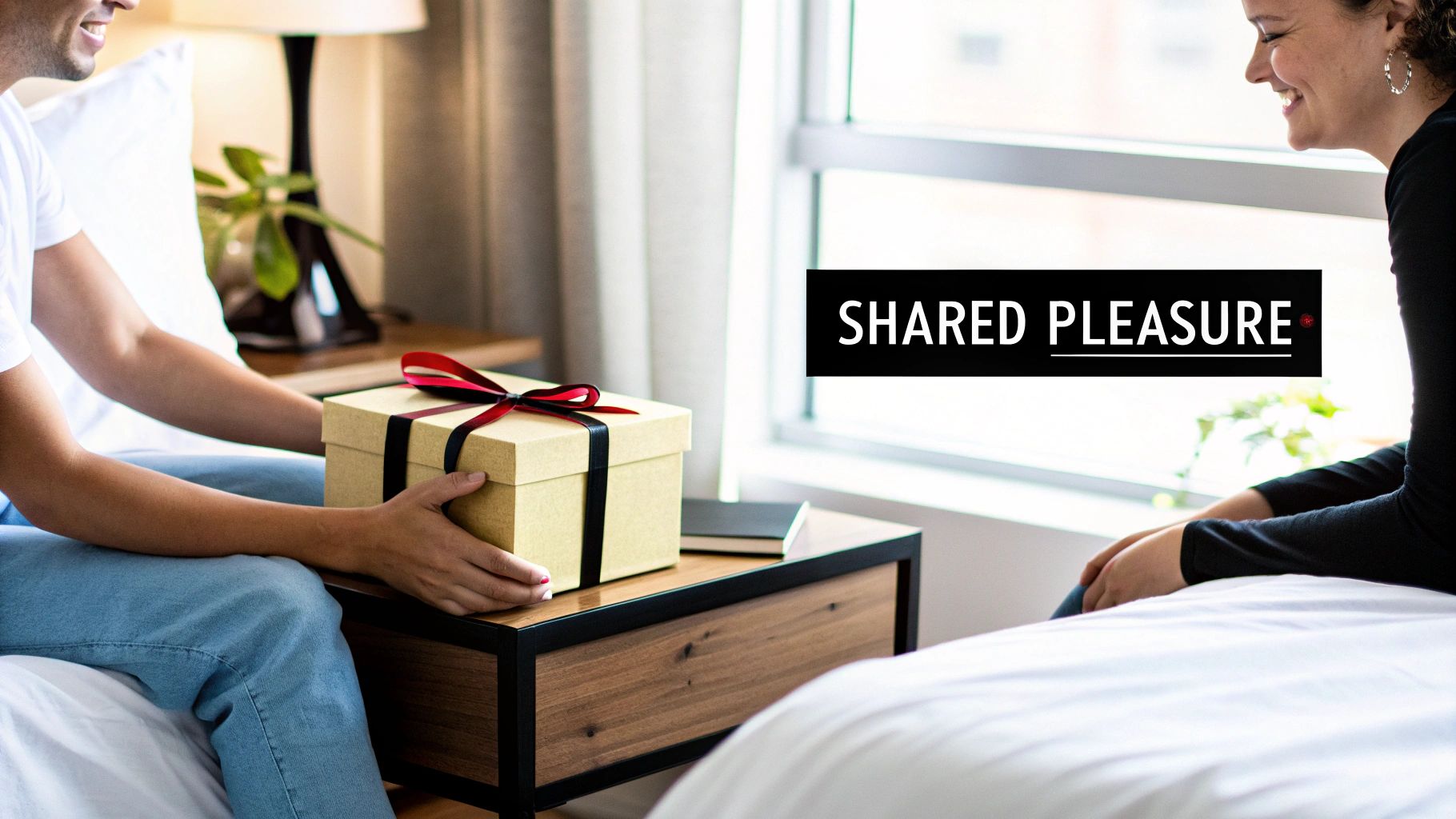 Smiling man gives a ribbon-tied gift box to a woman in a bright bedroom, with 'SHARED PLEASURE' text.