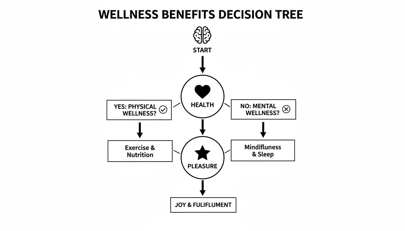 A wellness benefits decision tree flowchart illustrating paths to physical and mental health.
