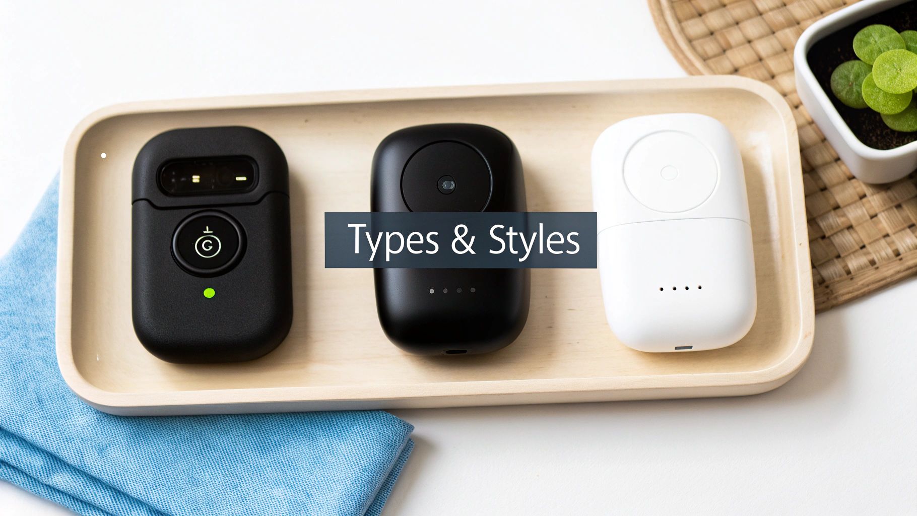 Three black and white portable electronic devices on a wooden tray, labeled 'Types & Styles'.