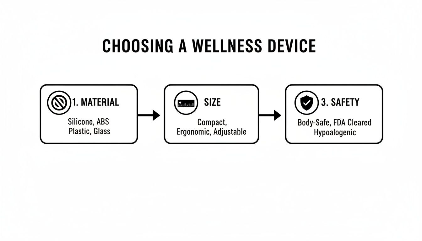 Flowchart detailing three steps for choosing a wellness device: material, size, and safety considerations.