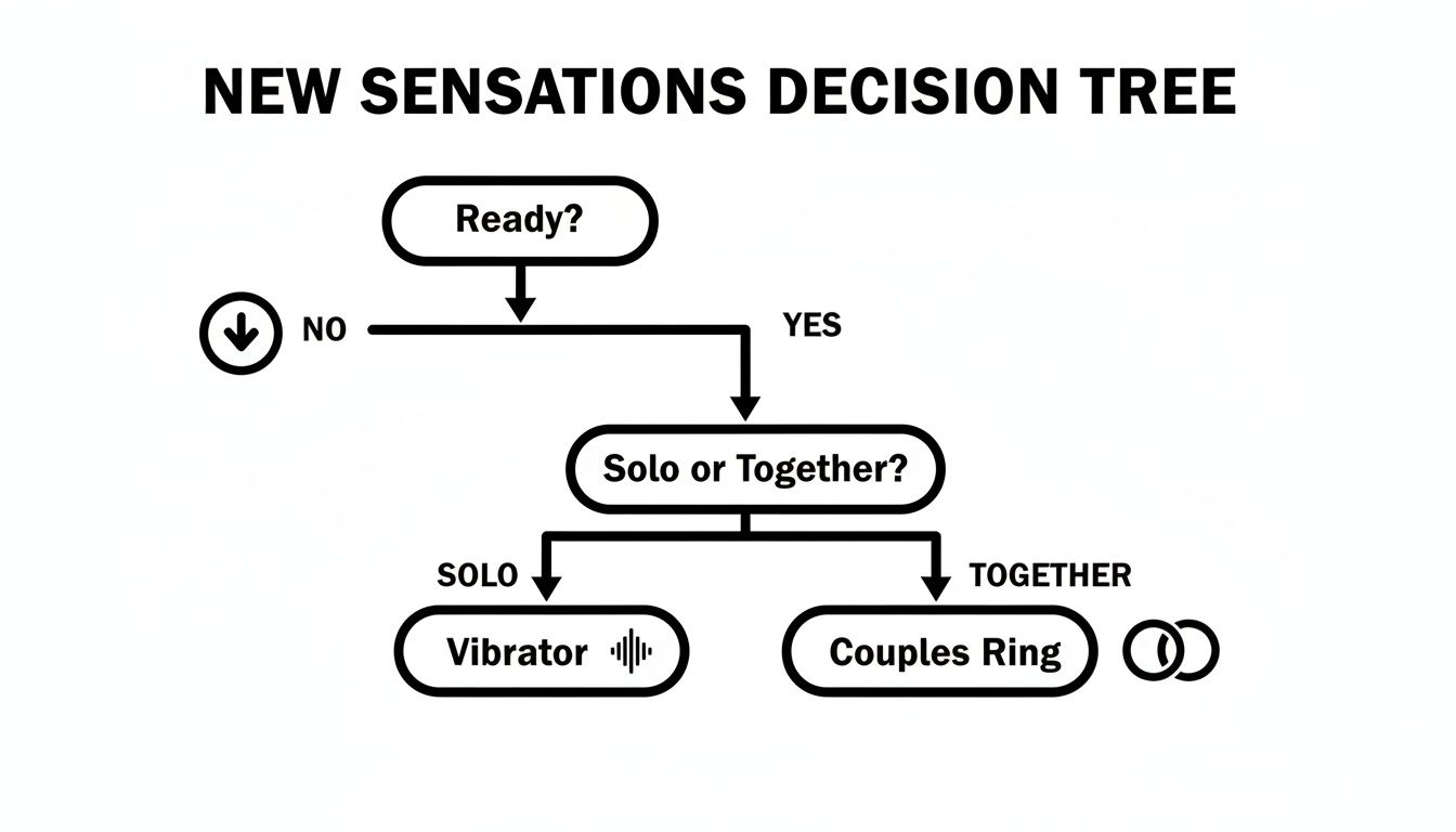 A decision tree flowchart titled 'New Sensations', guiding choices between vibrator or couples ring.