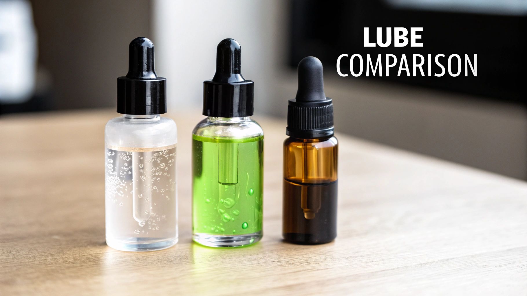 Three dropper bottles containing clear, green, and brown liquids on a wooden table for lube comparison.