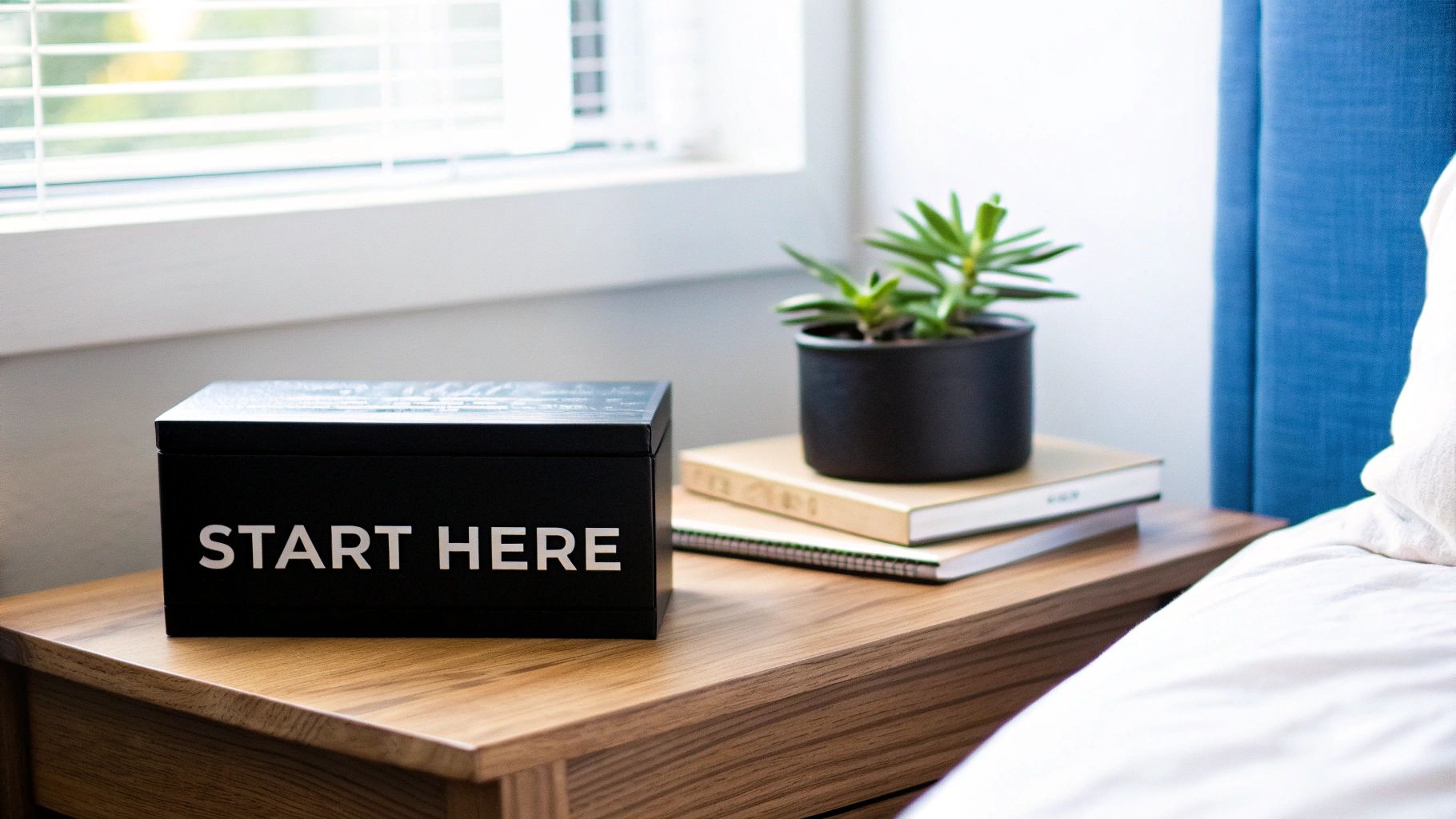 A black box with 'START HERE' on a wooden nightstand, alongside books and a potted plant, by a bed.