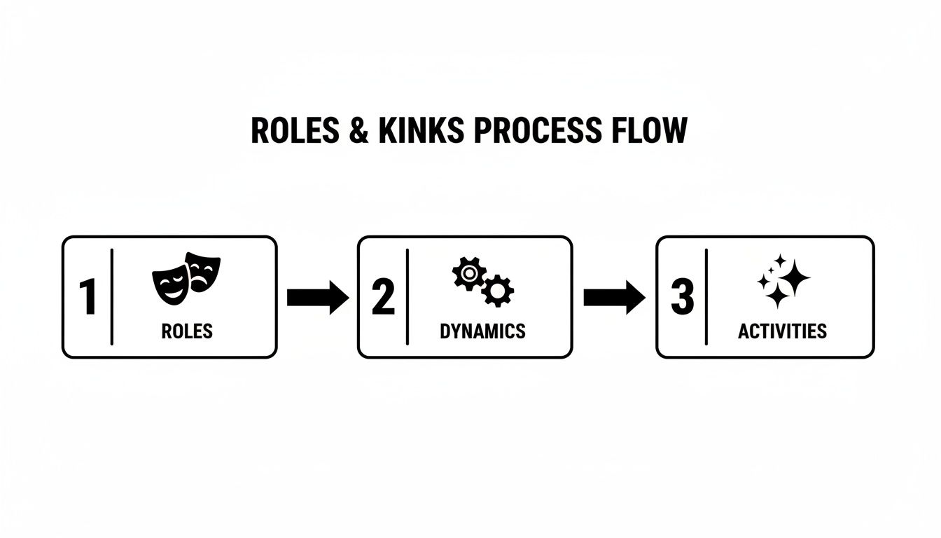 A process flow diagram detailing three steps: Roles (masks), Dynamics (gears), and Activities (stars).
