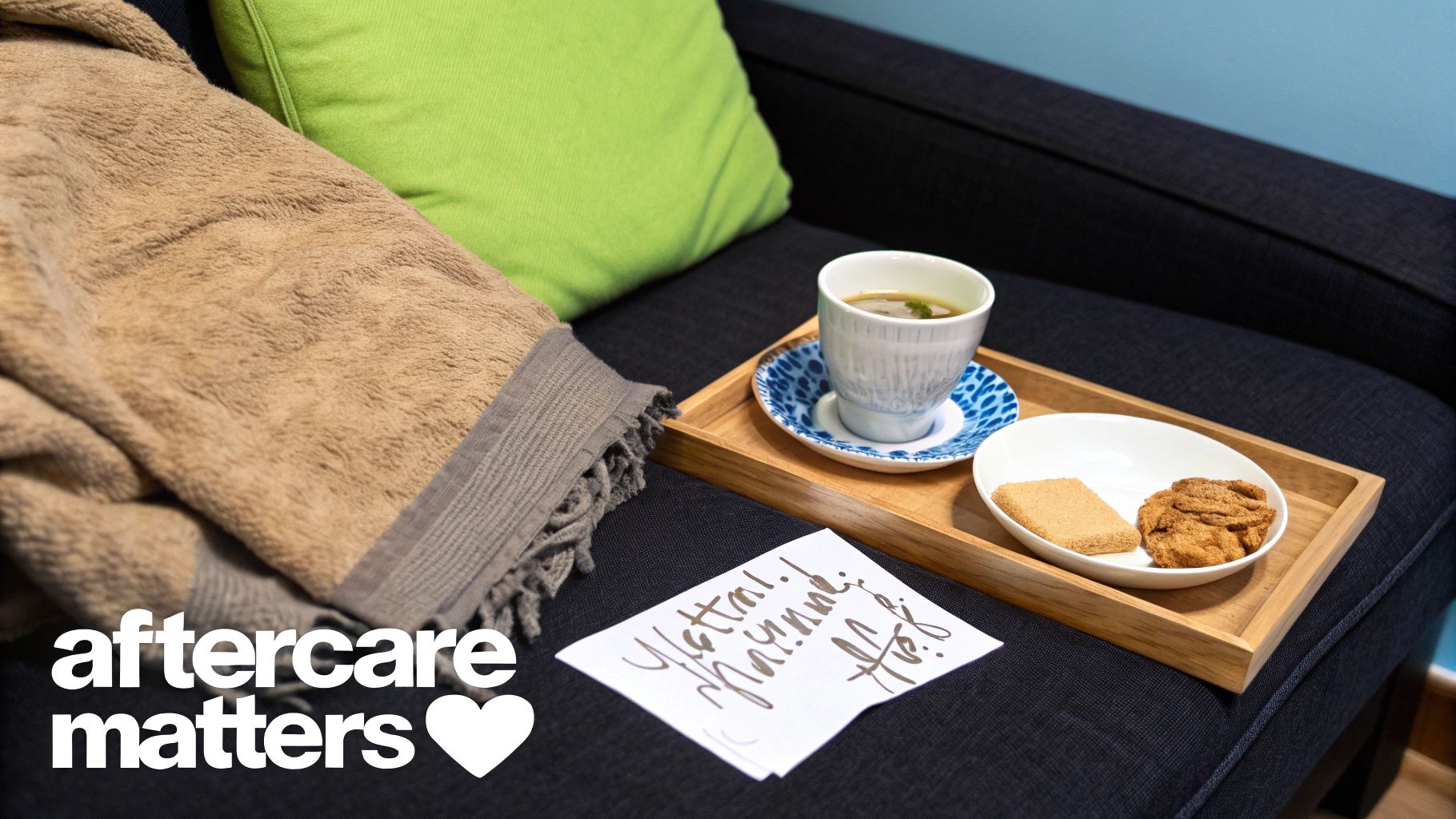 A comforting scene on a couch featuring a warm blanket, a cup of tea, cookies, and a thoughtful note.