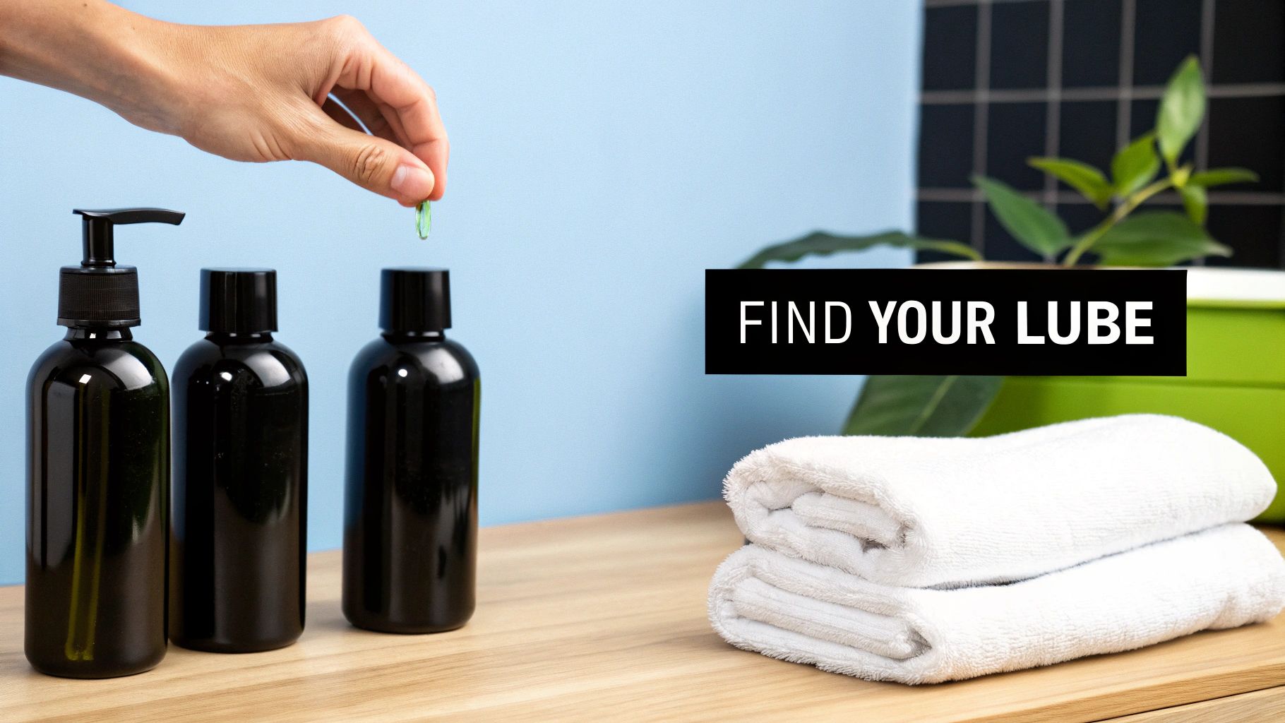 A hand holds a green capsule above three black lubricant bottles and two white towels, with 'FIND YOUR LUBE' text.