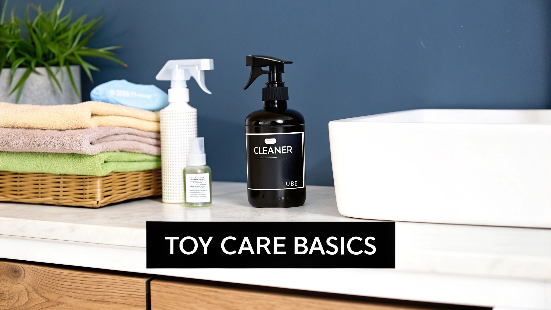 Bathroom counter with neatly folded towels, a plant, soap, and bottles of cleaner and lube for toy care.