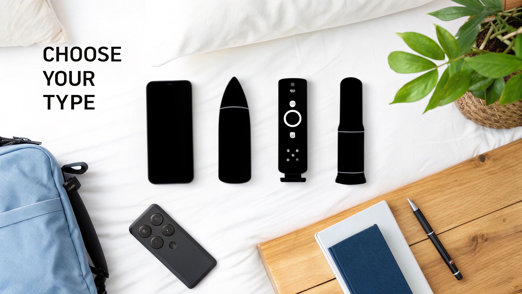 Flat lay displaying four distinct black vibrators on a white surface with text 'CHOOSE YOUR TYPE'.