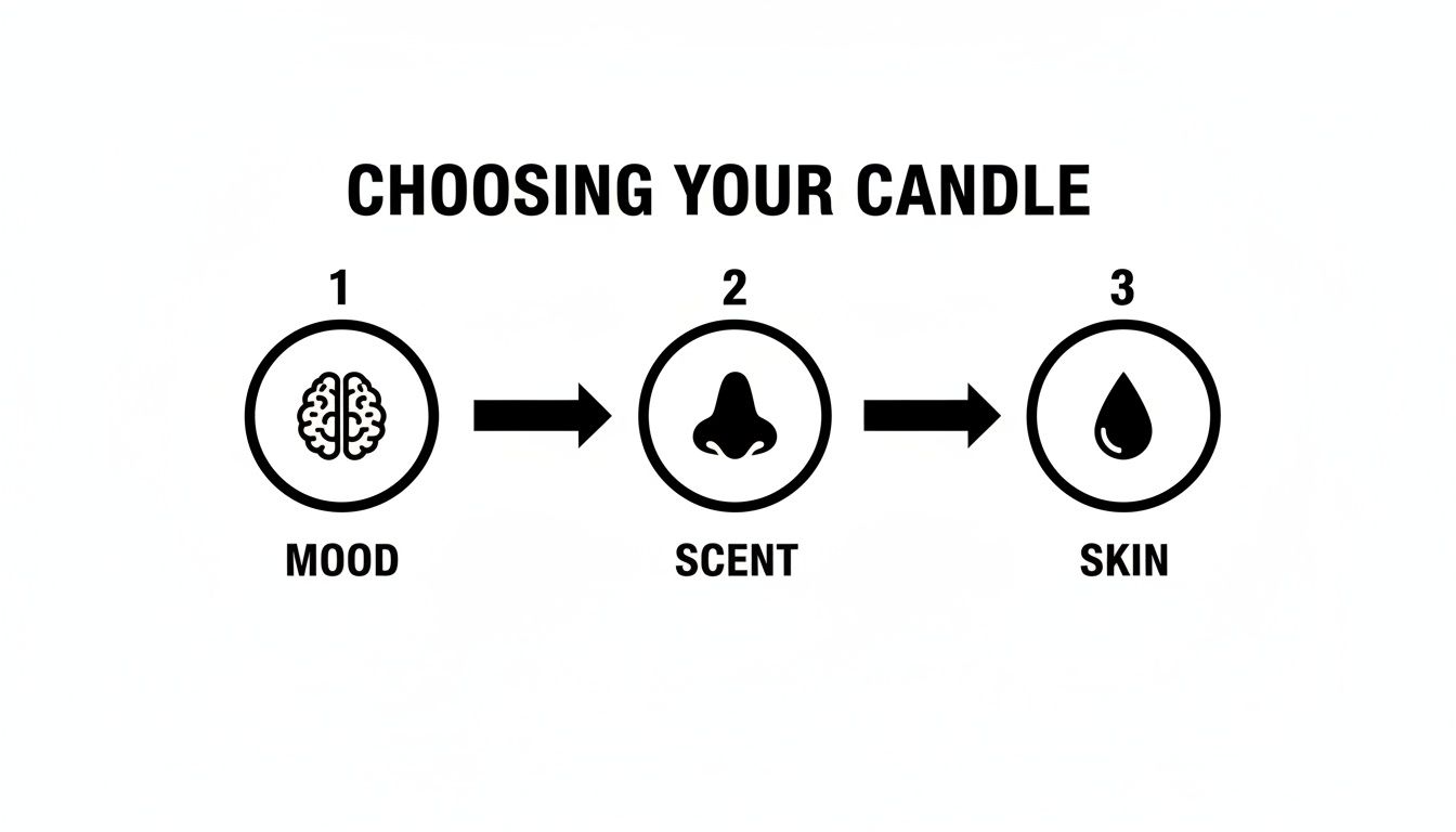 Flowchart illustrating three steps to choose a candle: Mood (brain), Scent (nose), and Skin (water drop).