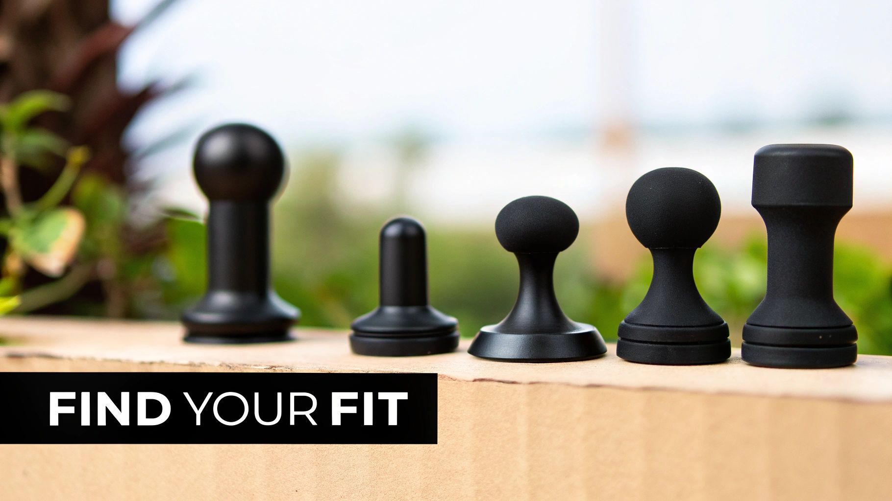 Five different black massage gun attachments or wand massager heads displayed on a wooden surface.