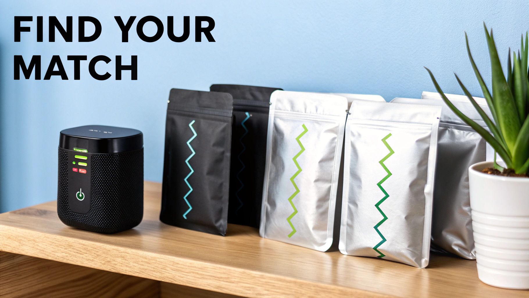 A black smart device and various product pouches with zig-zag patterns on a wooden shelf.