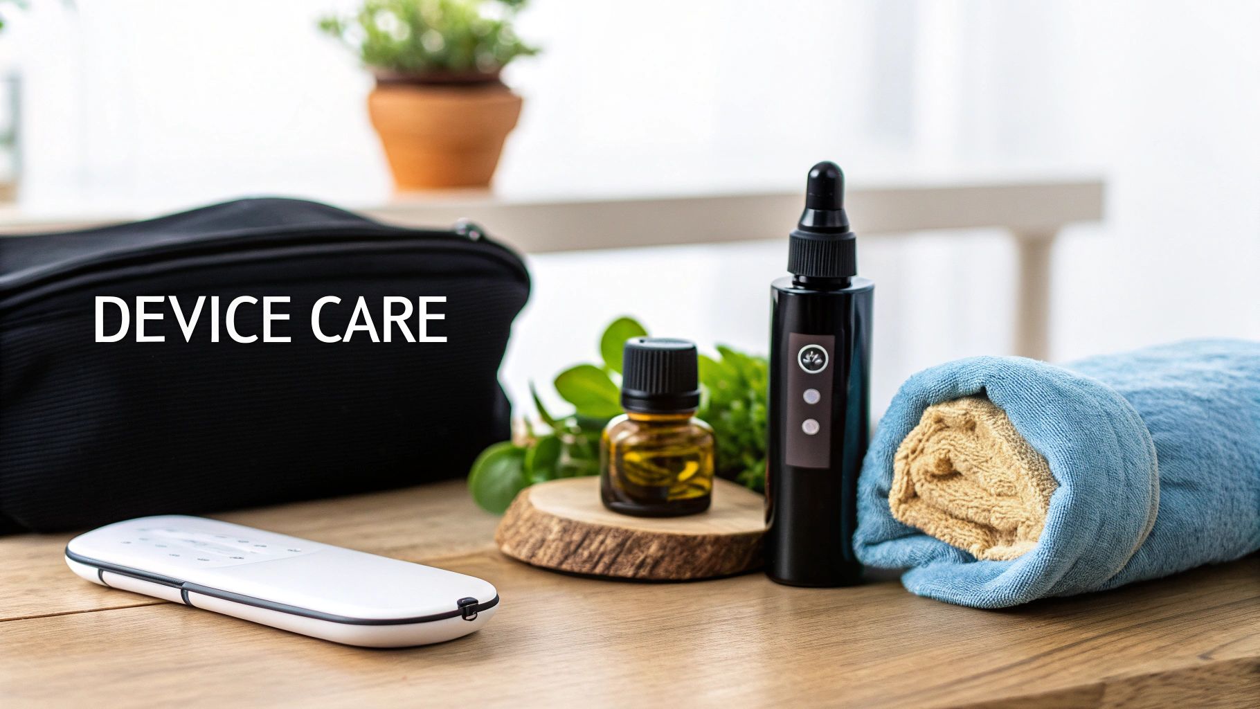 A black pouch with 'DEVICE CARE' text, a white remote, essential oils, and a towel on a wooden table.