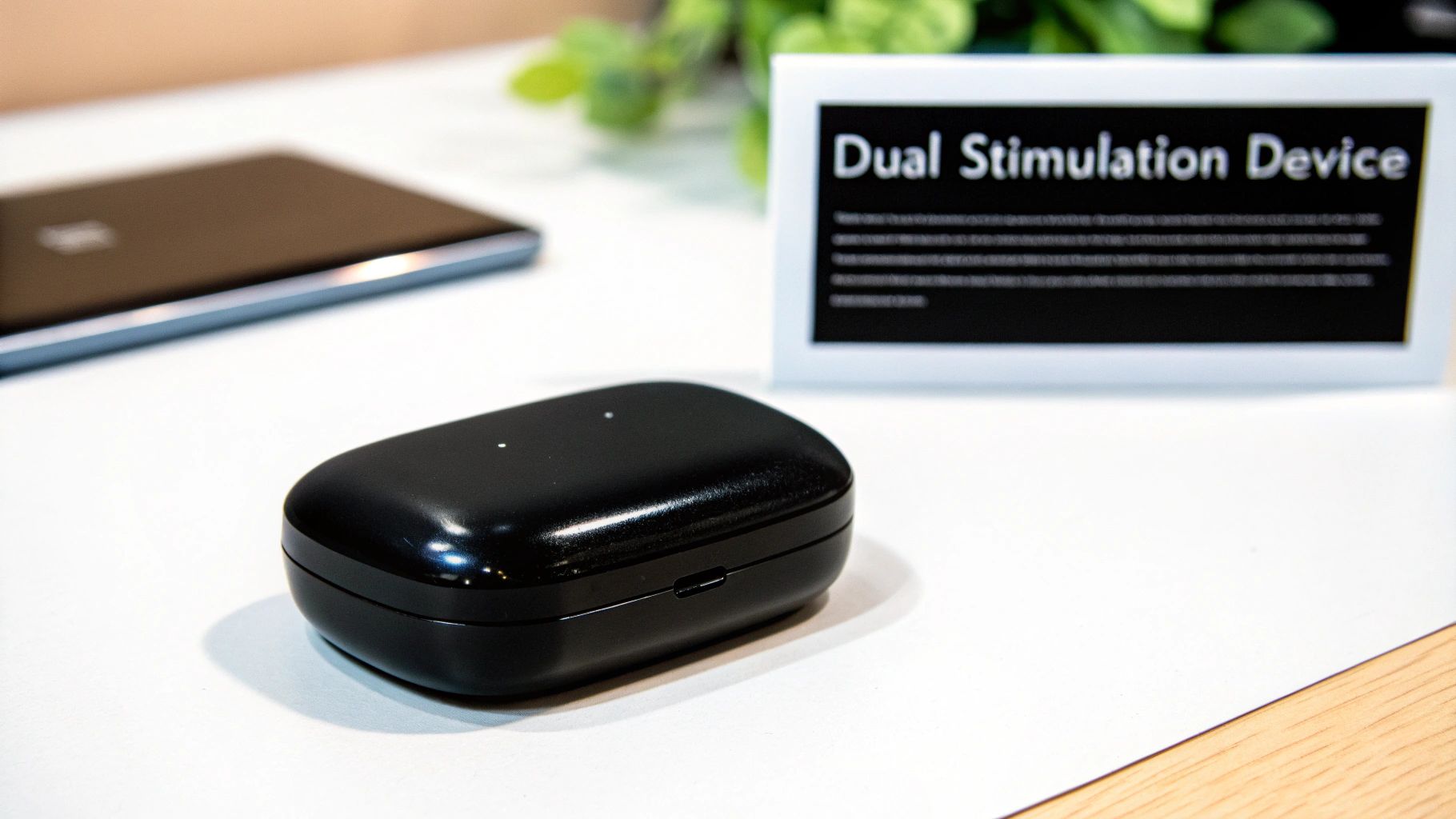 A sleek black dual stimulation device or earbuds case sits on a white table, blurred smartphone in background.