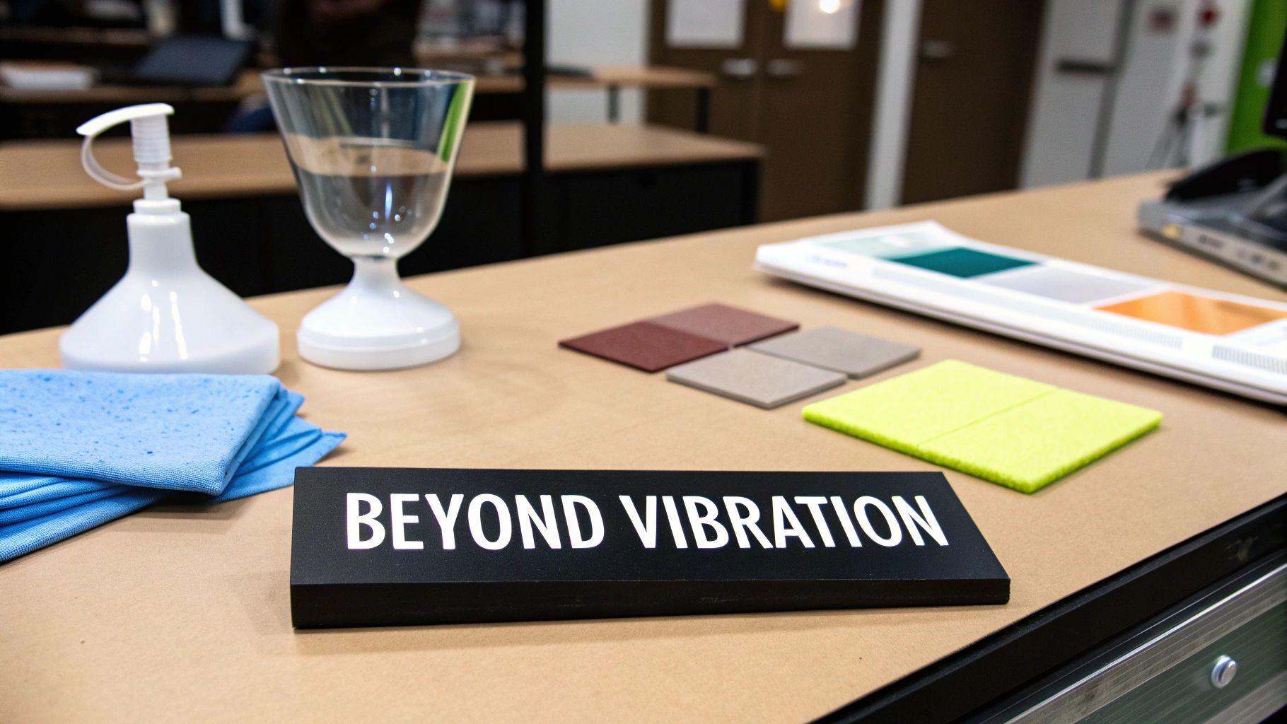 A clean desk displays a spray bottle, glass, towels, various material samples, and a 'BEYOND VIBRATION' sign.