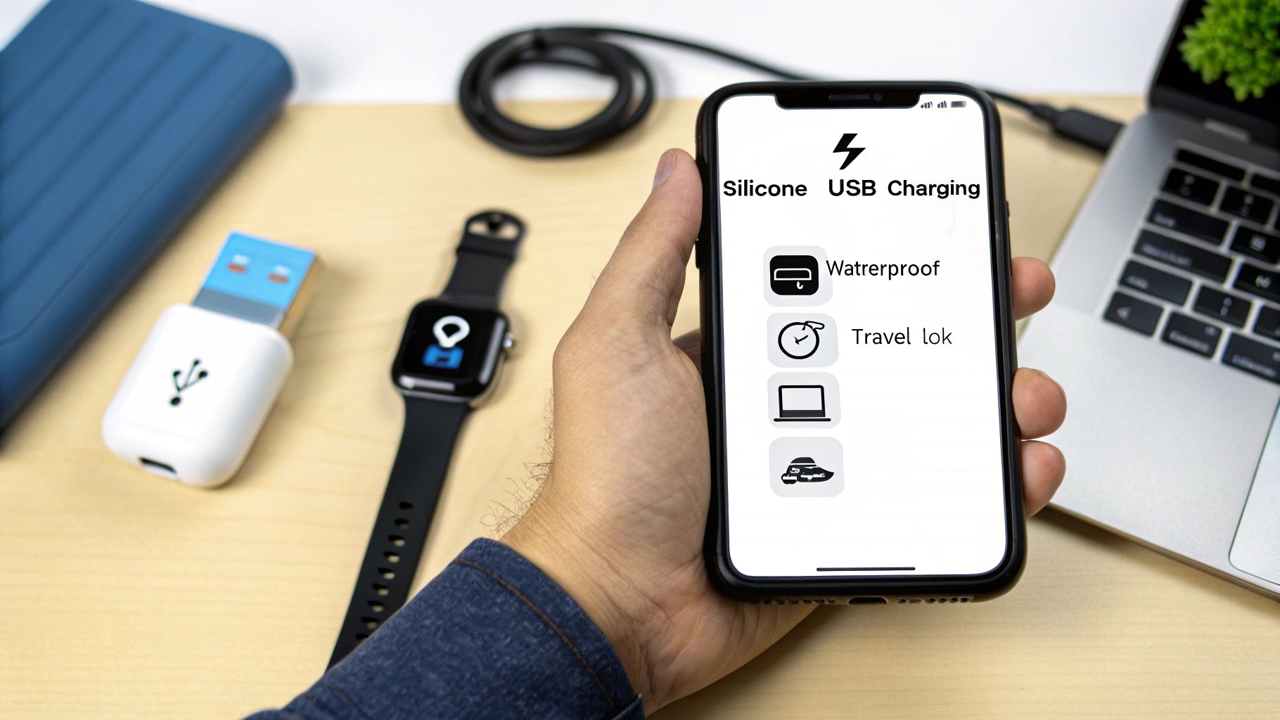 Hand holding a smartphone displaying product features for a USB smartwatch charger, with a smartwatch on a wooden table.