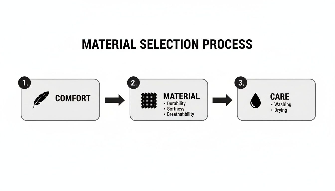 A diagram illustrating the material selection process, including comfort, material properties like durability and breathability, and care instructions.