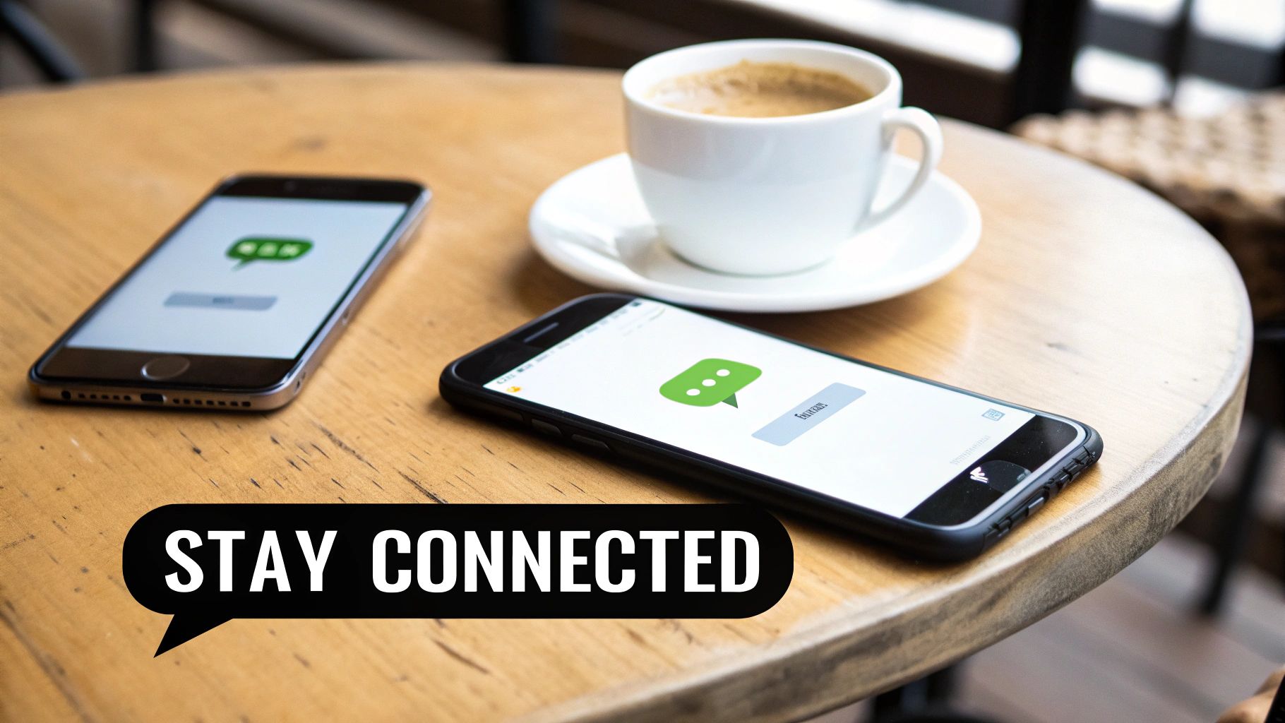 Two smartphones and a coffee cup on a wooden table with a 'Stay Connected' message.