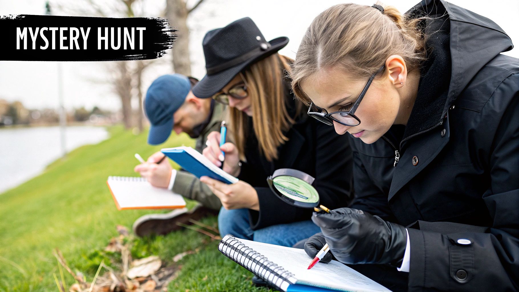 A detective-themed scavenger hunt kit with a map, magnifying glass, and clues laid out on a wooden table.