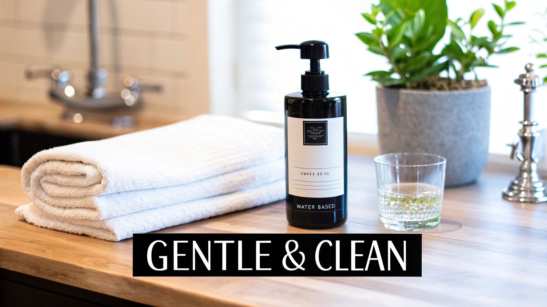 A black pump bottle labeled 'WATER BASED', neatly folded white towels, and a plant on a clean wooden counter.