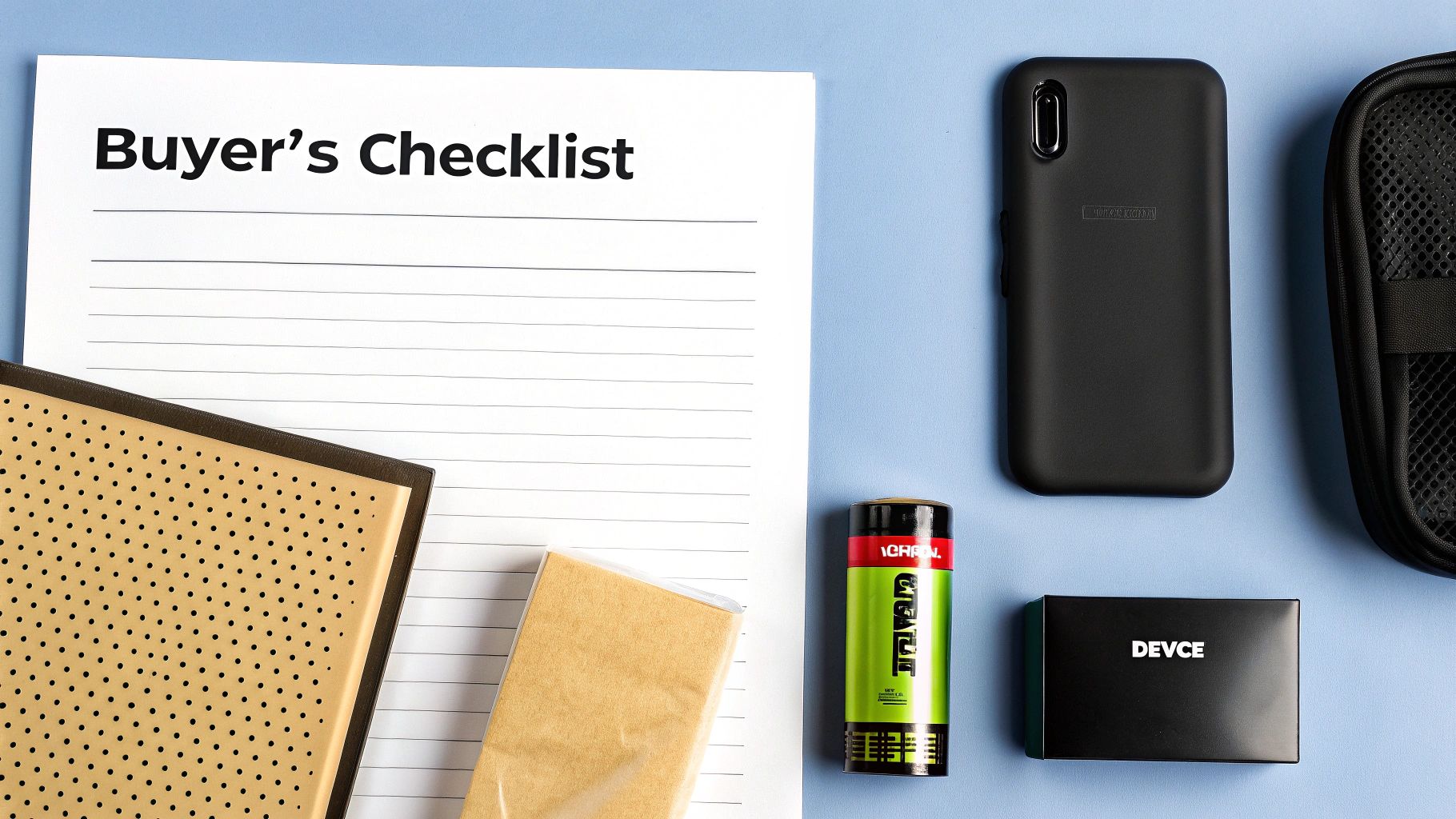 A flat lay of a 'Buyer's Checklist' document, smartphone, and various accessories on a blue background.